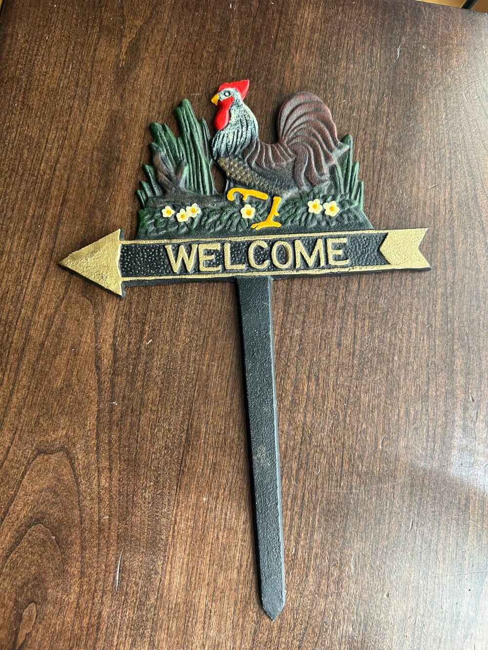 Vintage Welcome Rooster Cast Iron Sign Plaque Steak garden country farmhouse